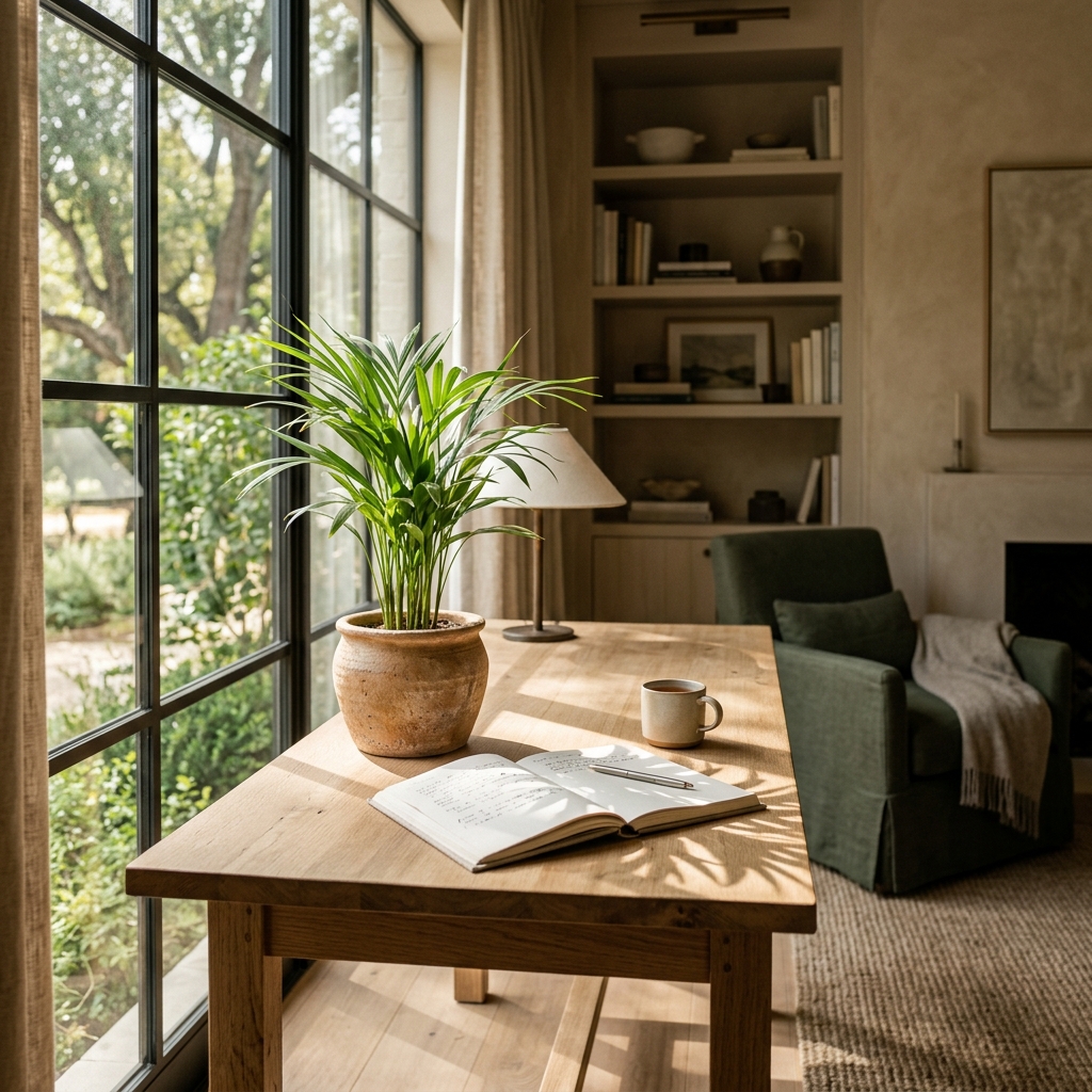 Serene executive study with natural sunlight casting soft shadows over a desk and linen journal.
