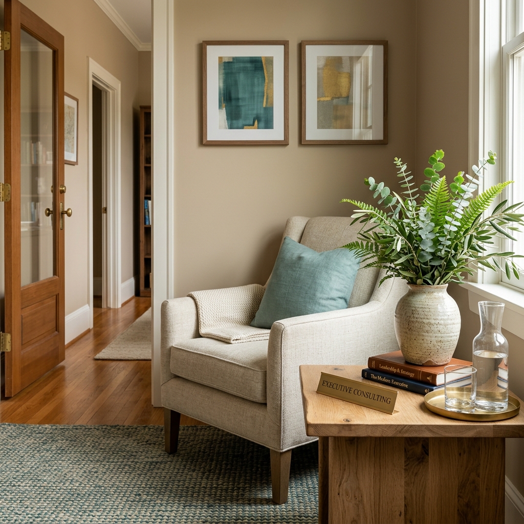 Welcoming executive consulting office entryway with natural wooden accents and fresh foliage.