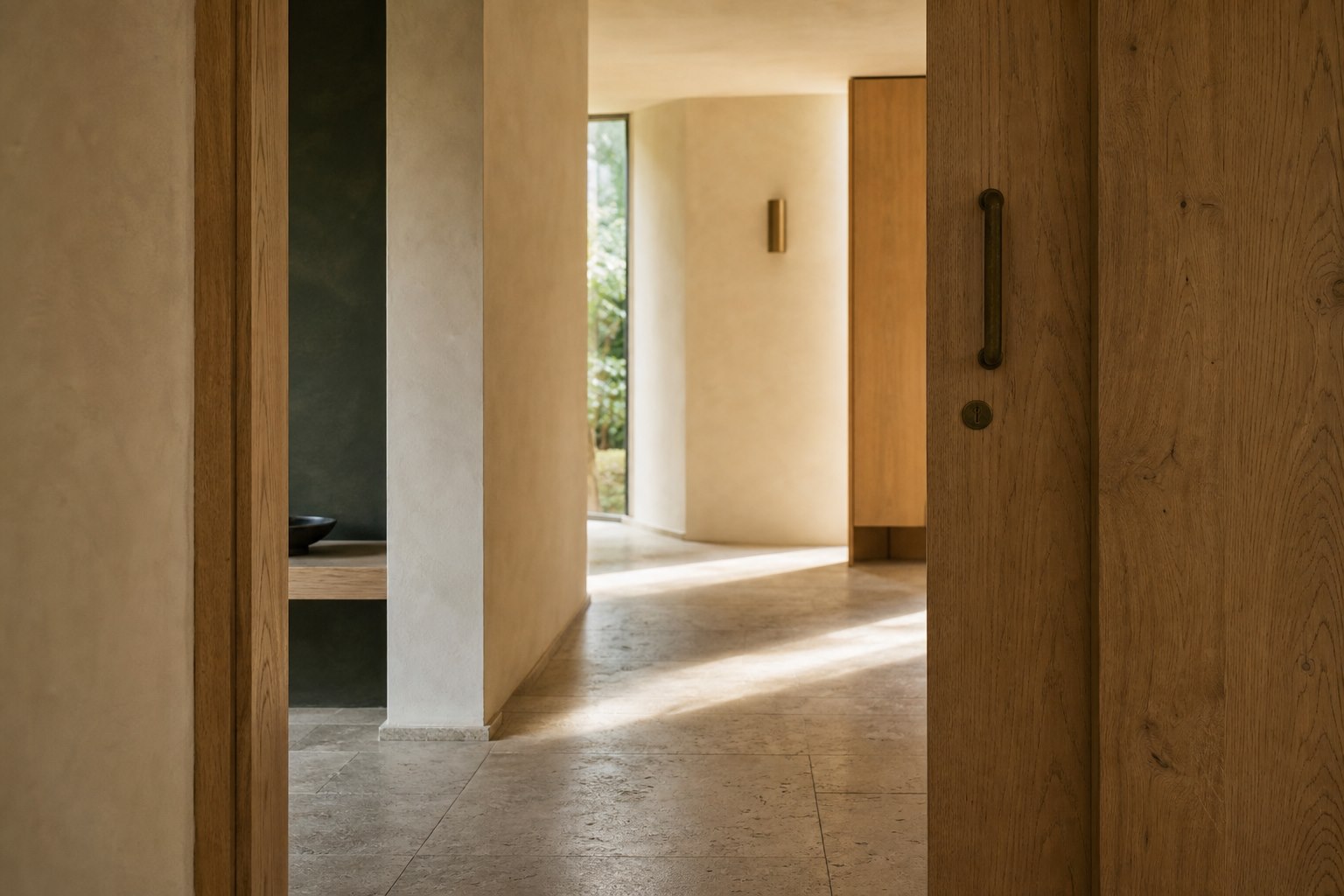 Morning light falls across a stone passage beyond an open oak door.