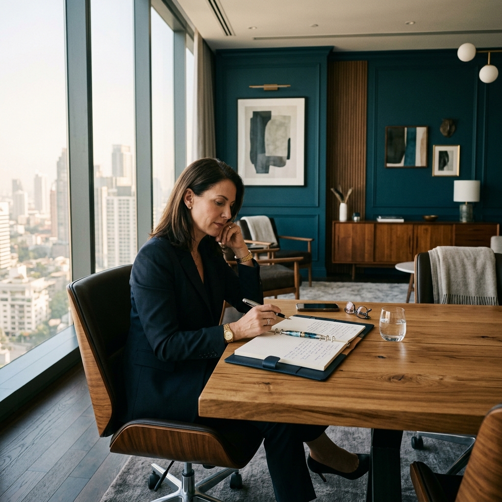 High-end executive consultation office with deep teal wall accents and natural morning lighting.