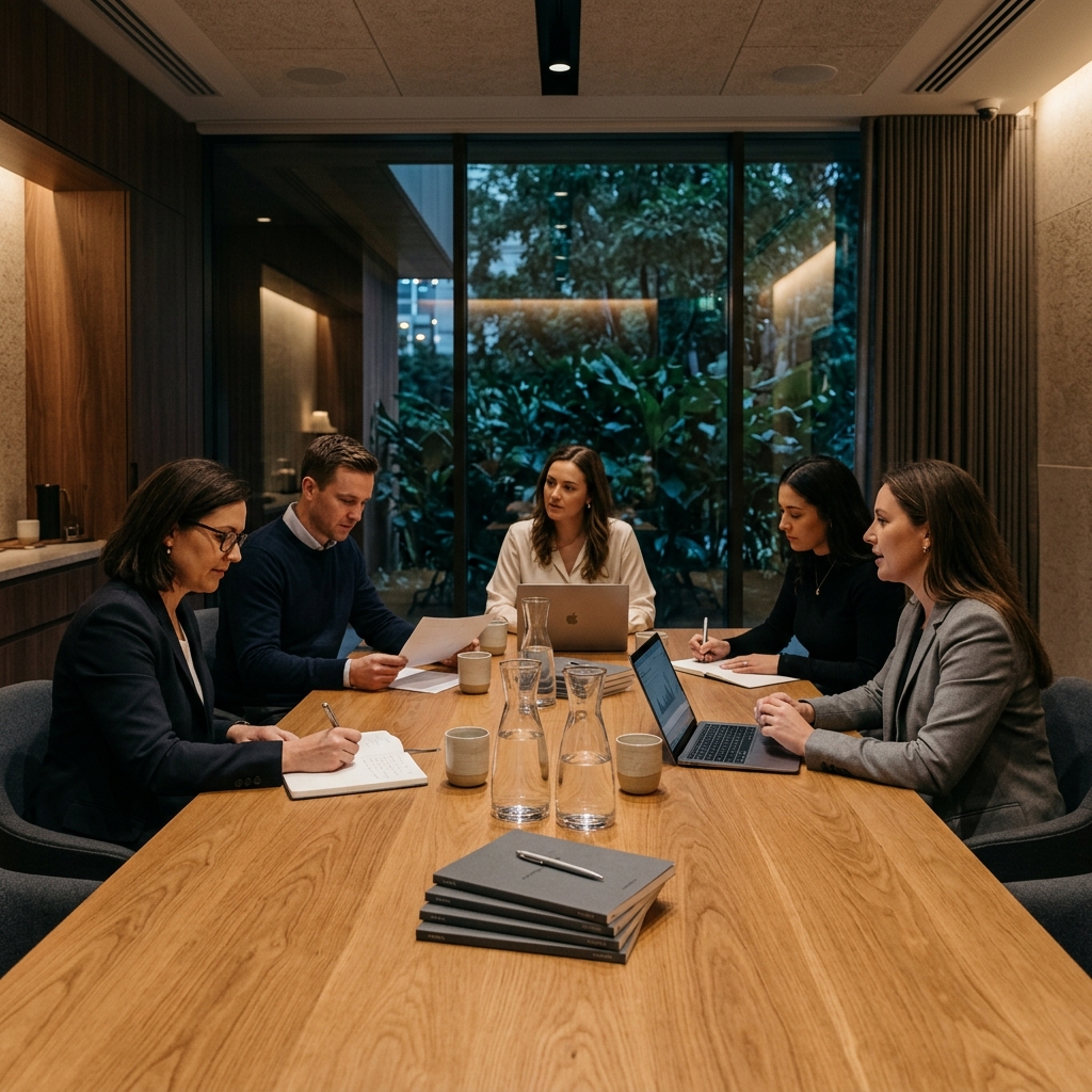Sophisticated small-group boardroom with oak conference table and warm ambient lighting.