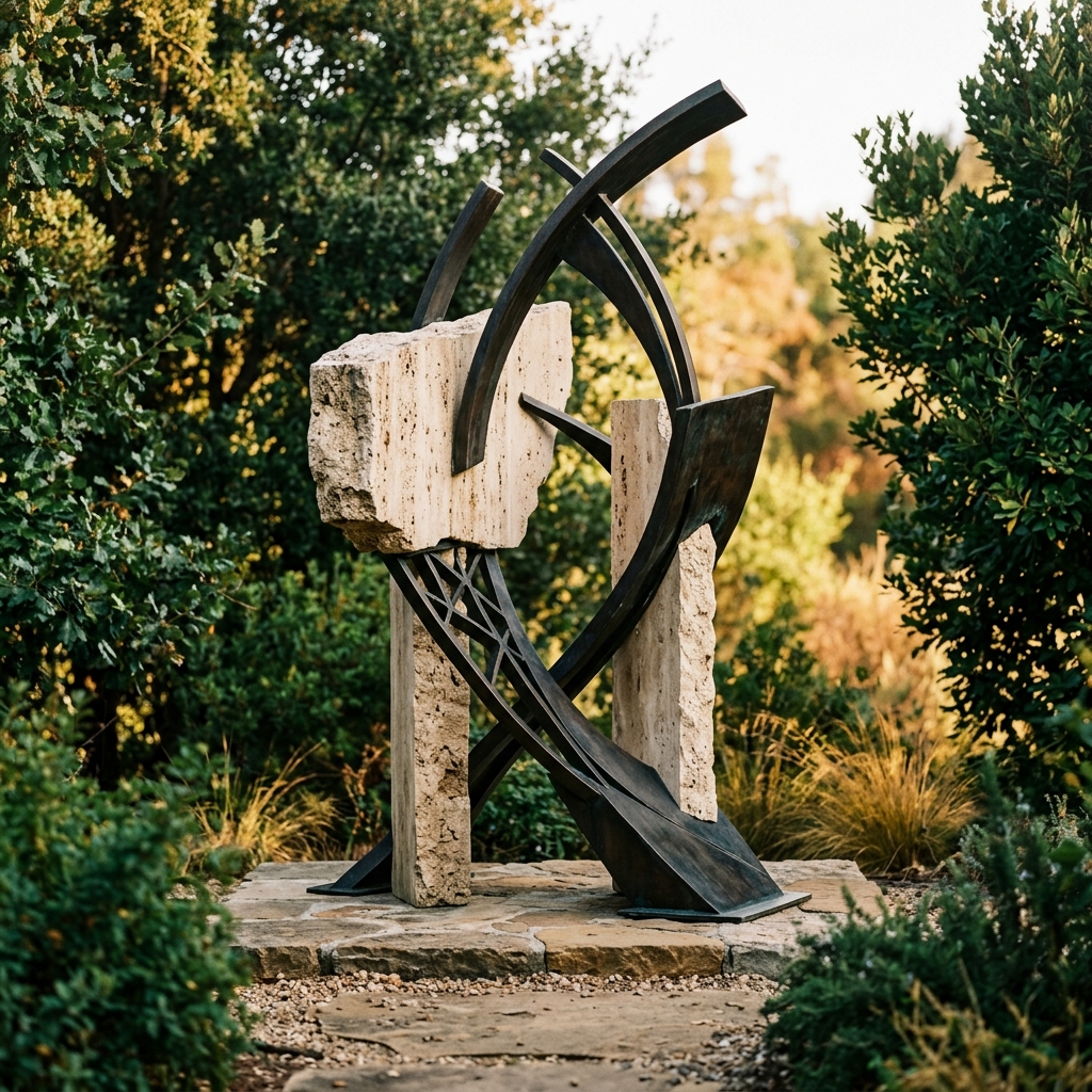 Modern architectural sculpture of balanced natural travertine stone and bronze metal in sunlight.