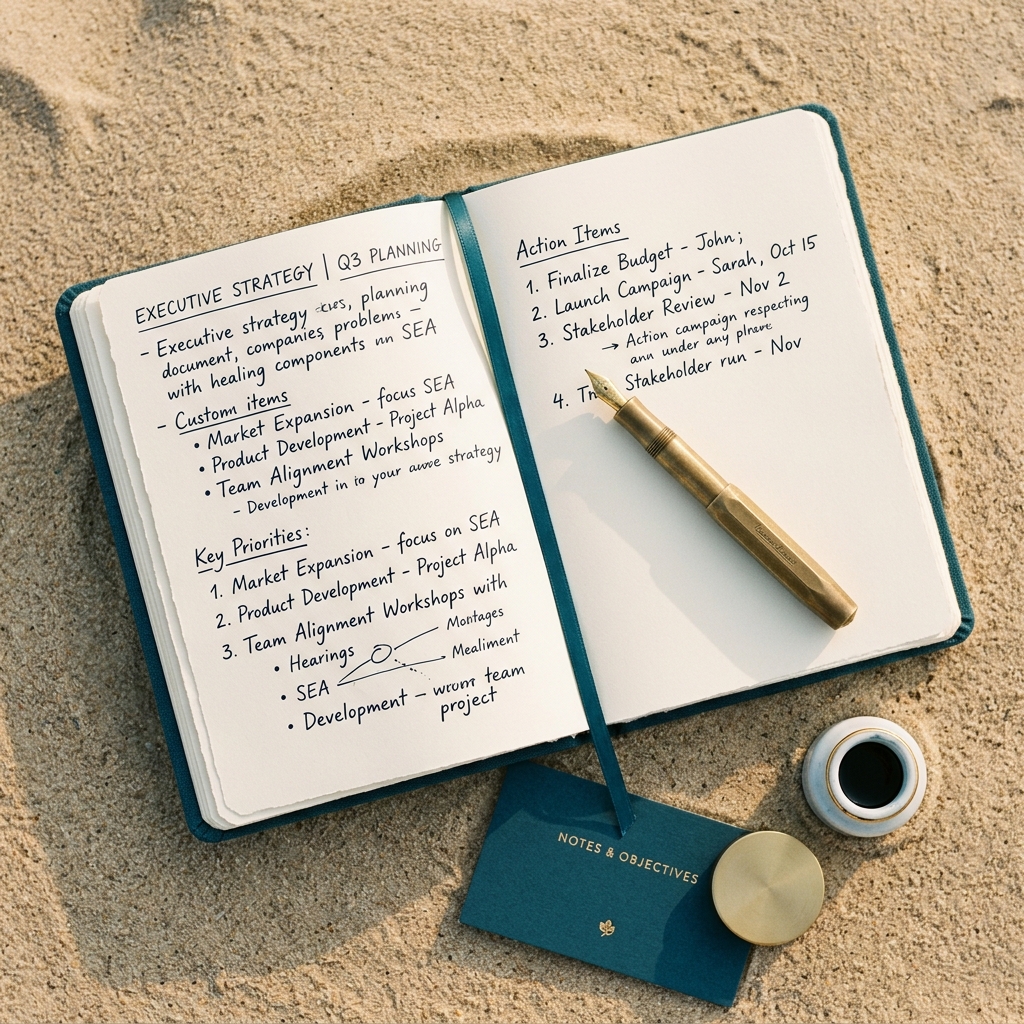 Fine stationery composition with open linen notebook and brass pen on textured sand background.