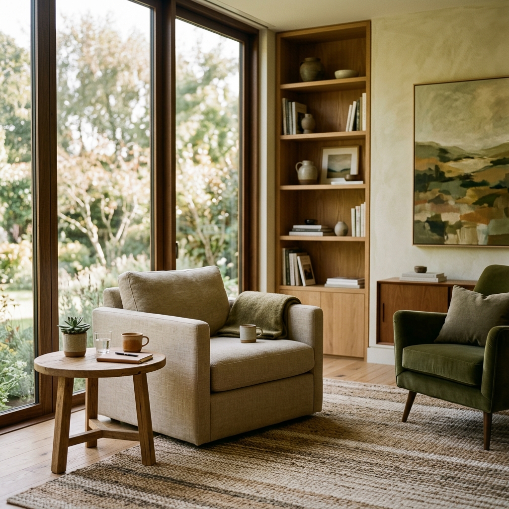 Intimate executive coaching lounge with natural oak accents and warm sunlight.