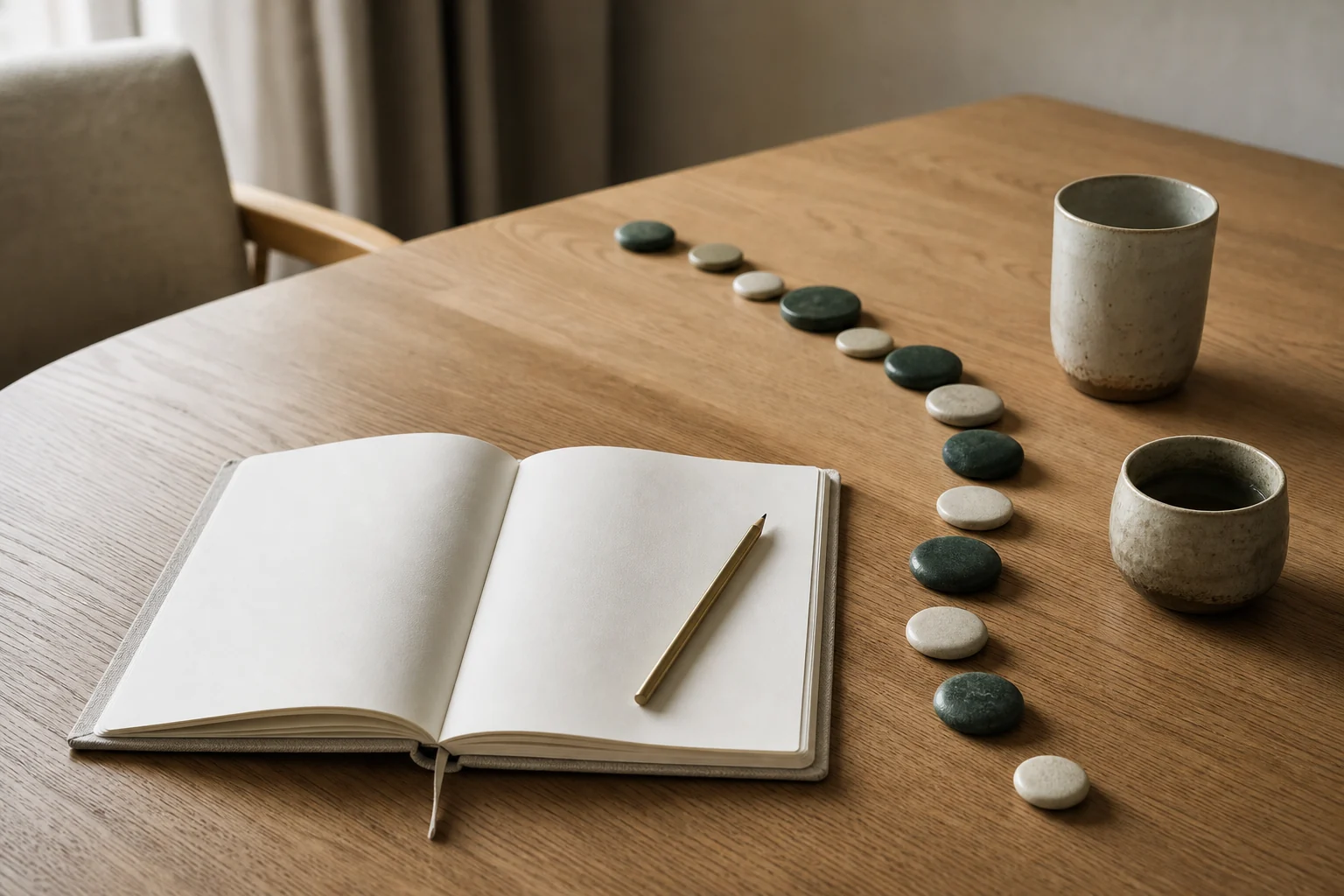 Blank linen notebook, two ceramic cups, and curved rows of green and pale stones on an oak table.